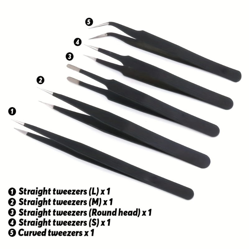 Set of five black precision tweezers with varying tip shapes and sizes in a model tool set for hobby craft assembly.