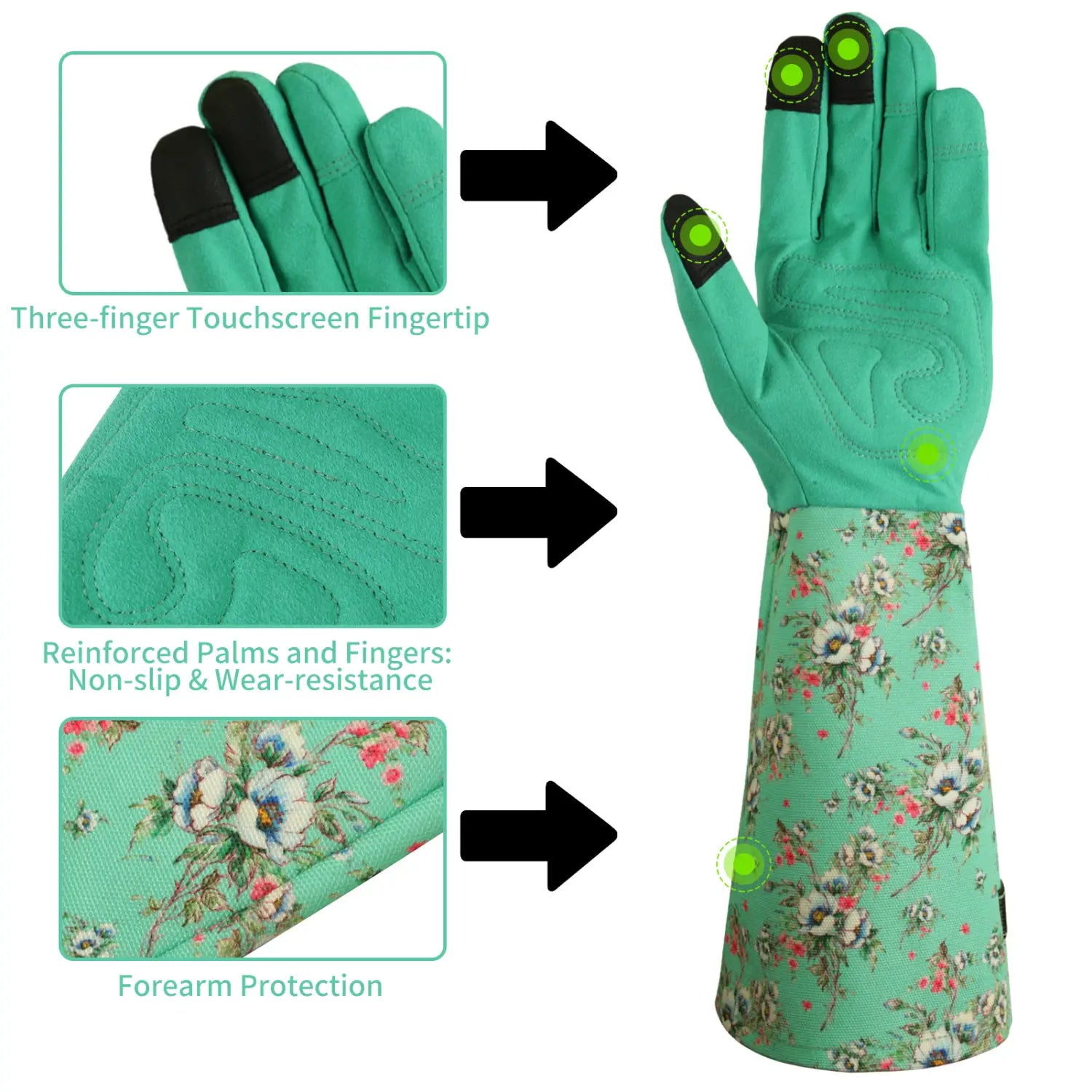 Gants de jardinage respirants à motif floral turquoise pour femmes, avec compatibilité écran tactile, extrémités des doigts noires et paumes renforcées pour une protection anti-épines.