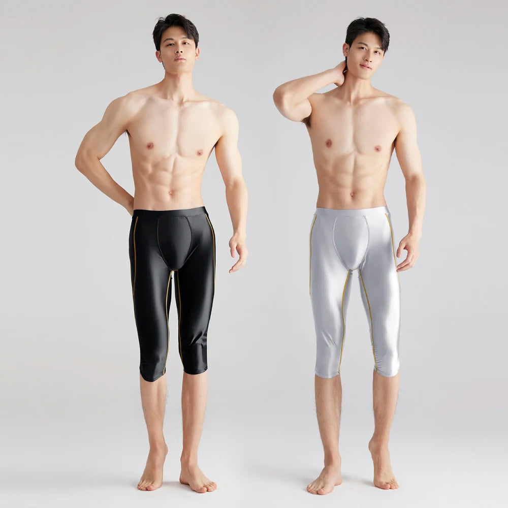 AMORESY-Men's Activewear Shorts, Stretch Cropped Pants, Sports Running Short, Breathable Compression, Shiny Fitness Capris