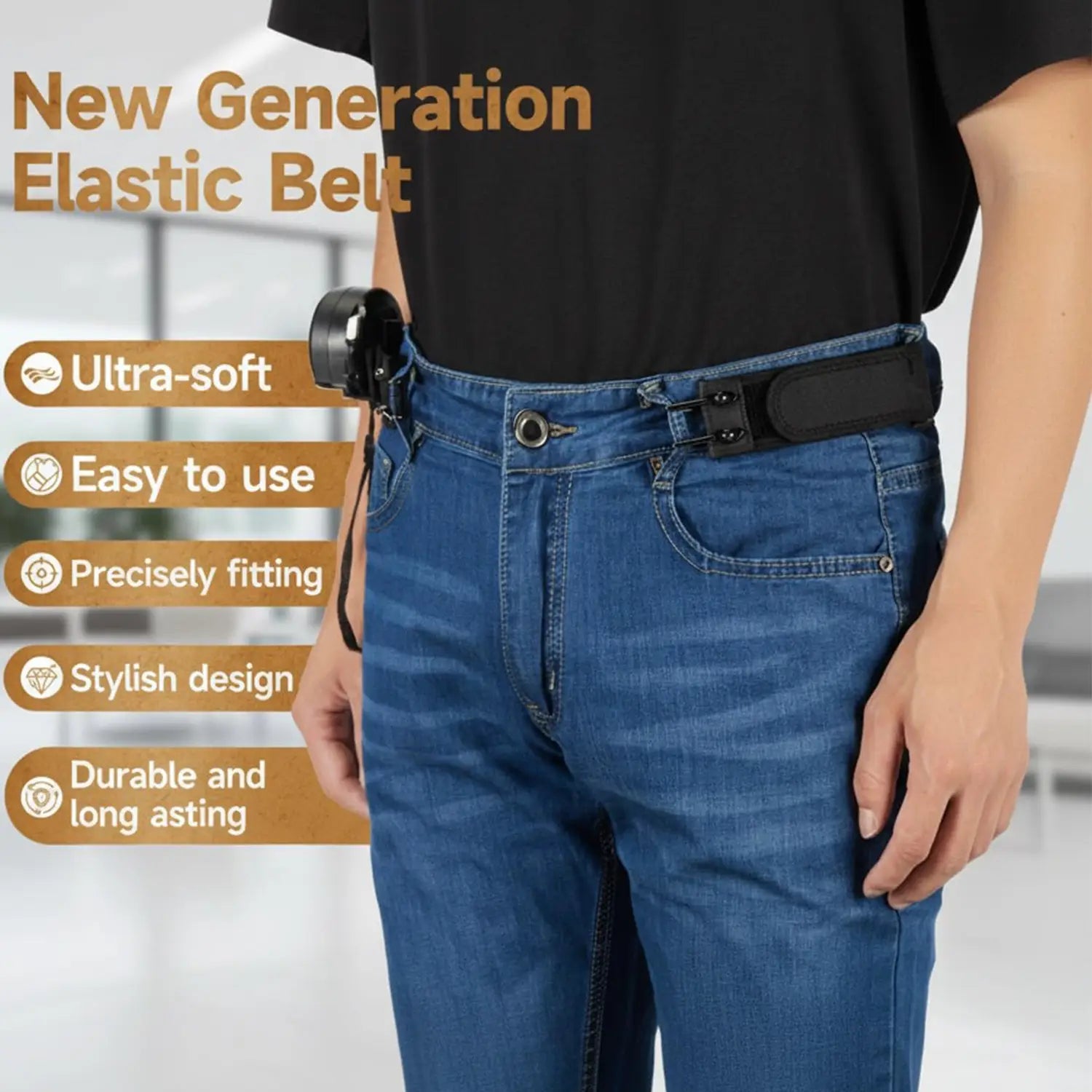 Ceinture élastique à la taille sans boucle noire unisexe, avec boucle réglable et matériau souple pour un port confortable
