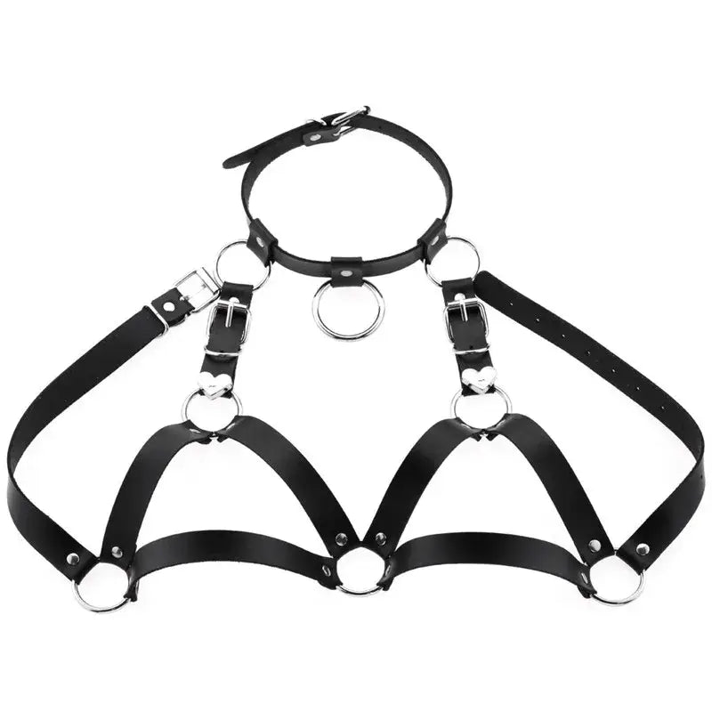 Black goth body harness made of faux leather featuring silver metal rings and heart-shaped clasps as body jewelry.