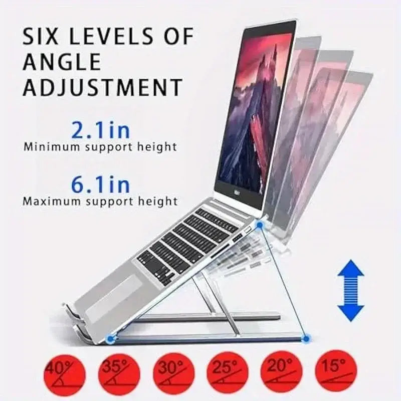 silver aluminum foldable laptop stand with six adjustable angle levels for ergonomic notebook support