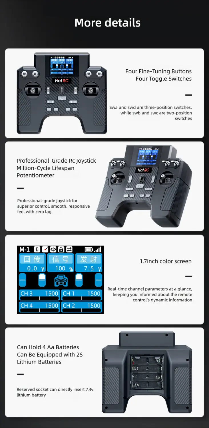Black ht-8a professional-grade remote control rc joystick with a 1.7-inch color screen and four fine-tuning buttons for precise control.