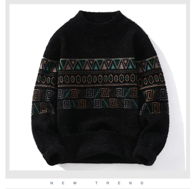 Schwarzer Strickpullover, Herren-Strickpullover mit geometrischem Muster, dick, Winterpullover, mit aufwendigen türkisbraunen und beigen geometrischen Mustern über Brust und Ärmel.