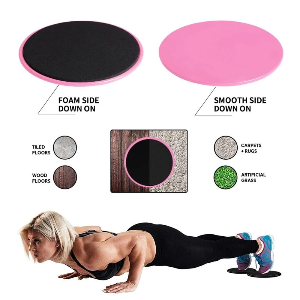 core sliders fitness gliding discs featuring a pink circular exercise mat with a black foam side and smooth surface suitable for abdominal training on various floor types.