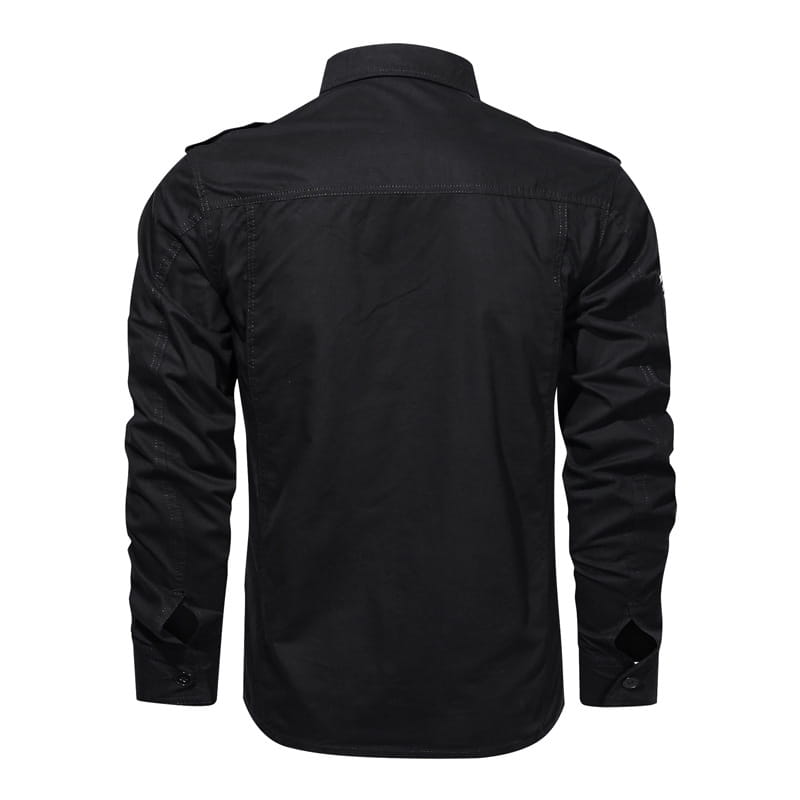 Black men cotton casual long sleeve military cargo shirt with classic collar and subtle stitching details.