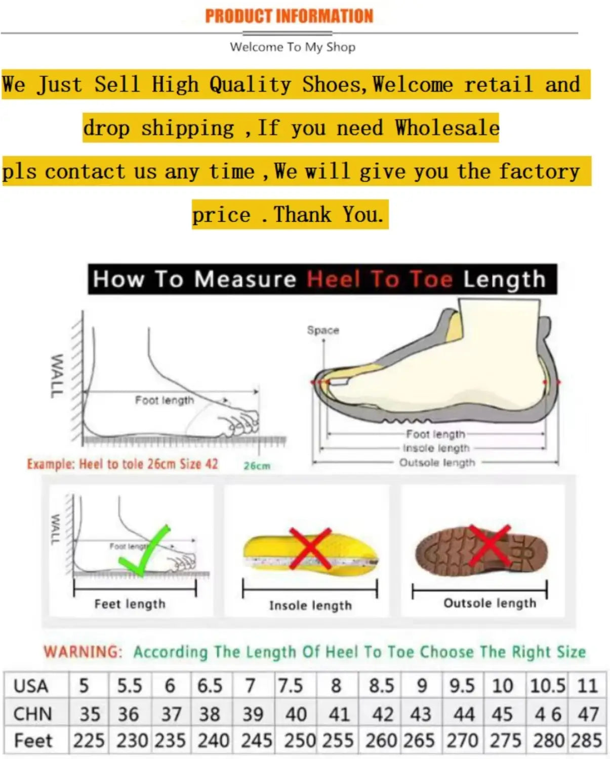 Guide de mesure de la pointure de chaussures noir et blanc avec diagrammes illustrés indiquant les techniques correctes de mesure de la longueur talon-pointe pour des mocassins plats à bout pointu en tricot, à enfiler.