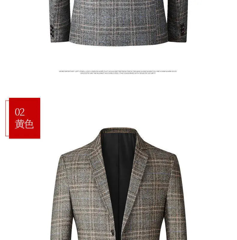 Blazer de lana con mezcla de cuadros grises para hombre, estilo casual de negocios, con forro interior negro mostrado desde el frente.