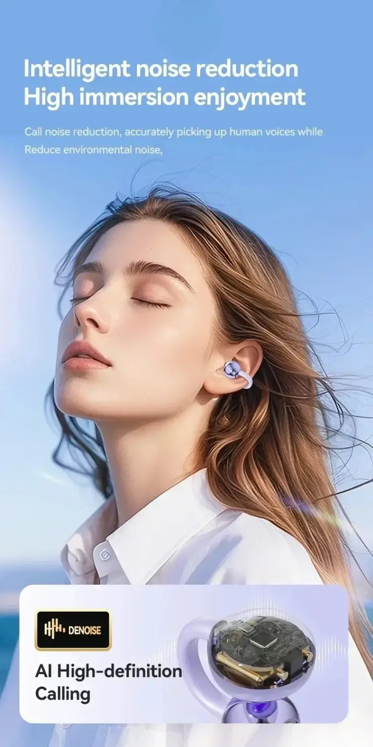 空気伝導技術およびBluetooth 5.4を搭載したブルーとシルバーのイヤークリップ型ヘッドホン。洗練されたモダンなデザインで、音質を向上させます。