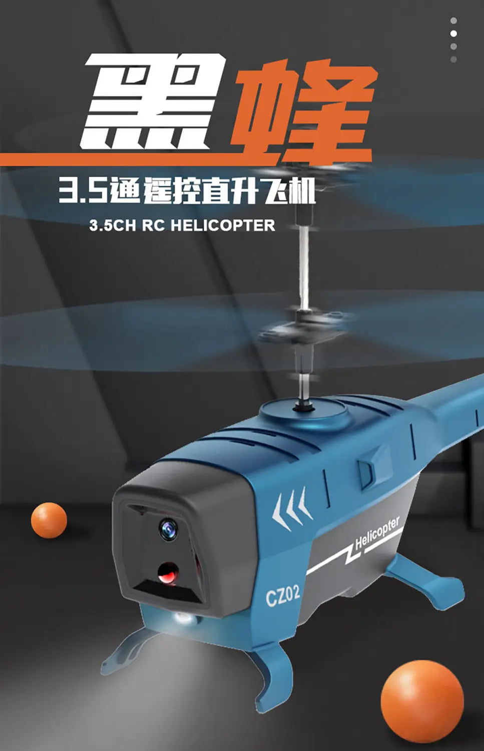 hélicoptère télécommandé rc 3,5ch bleu et noir avec fonctions d’évitement des obstacles, projecteurs à LED à l’avant et marquage du modèle cz02, offrant un temps de charge efficace et un temps de vol prolongé.