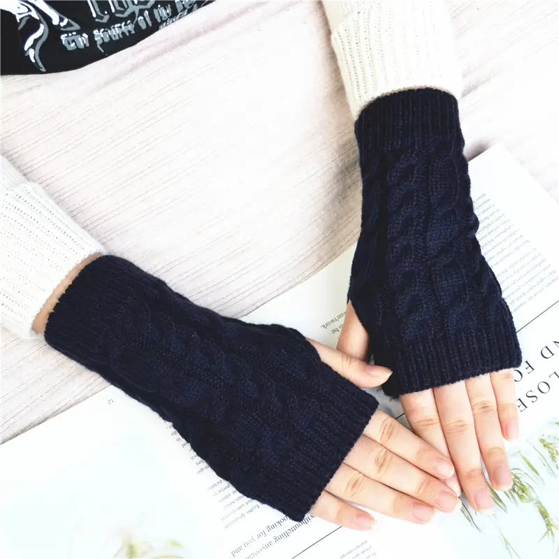 Schwarze Zopfstrick-Handschuhe ohne Finger mit geripptem Bündchen, für Damen als Winterstulpen gestrickt