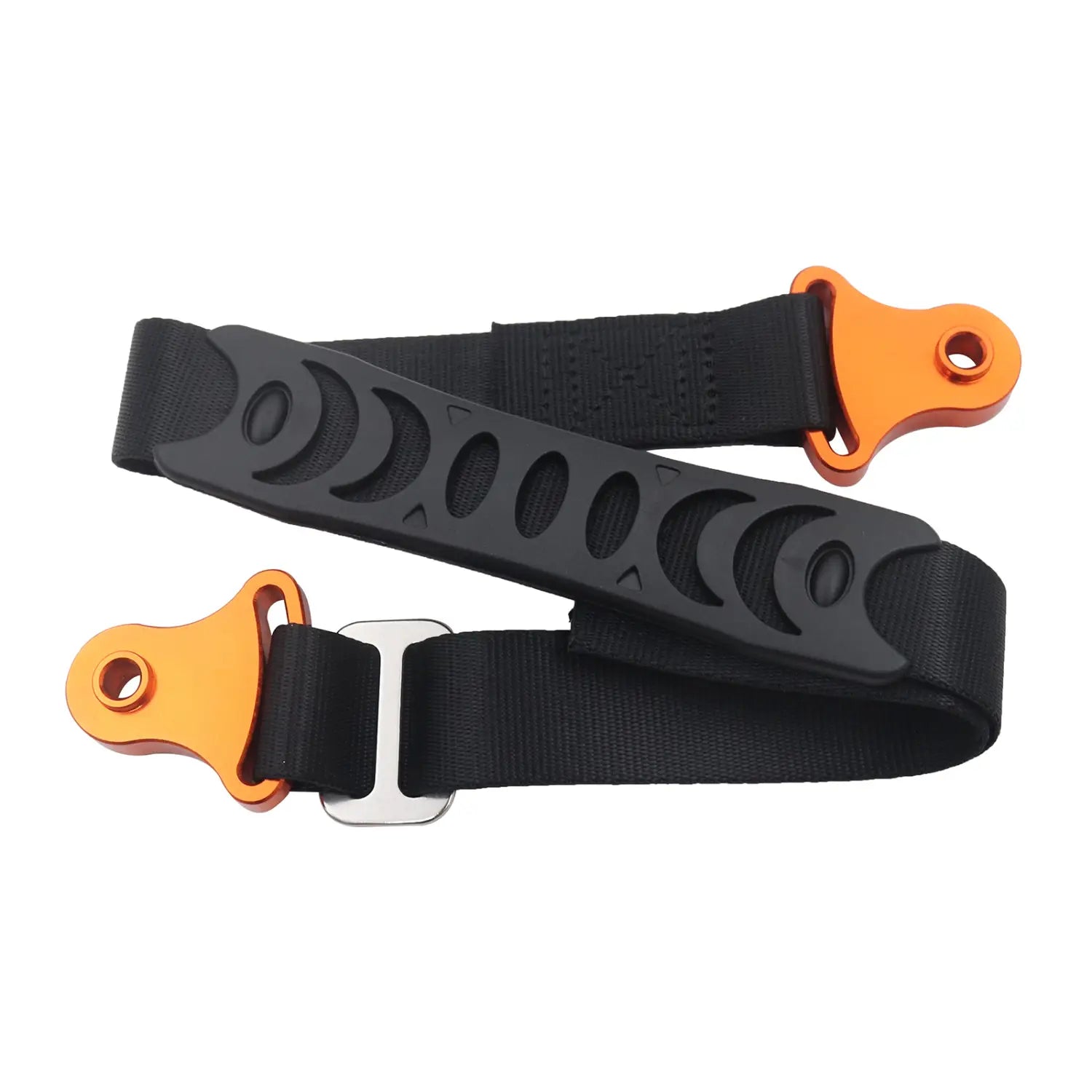Schwarzer Dirtbike-Abschleppgurt im Rennsport-Stil mit orangefarbenen Aluminium-Endplatten und einer silbernen Metallschnalle für Vorder- und Rückholriemen.