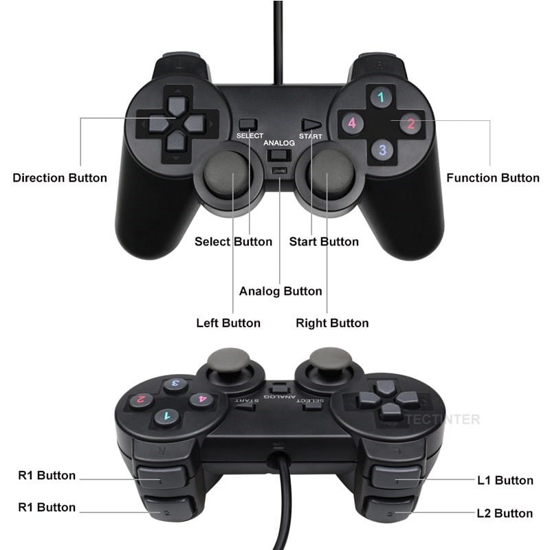 Mando de juego para PC con cable USB PlayStation 2 negro, con empuñaduras texturizadas y botones de función de color, diseñado para admitir juegos de Steam y grandes juegos en 3D para juegos retro.