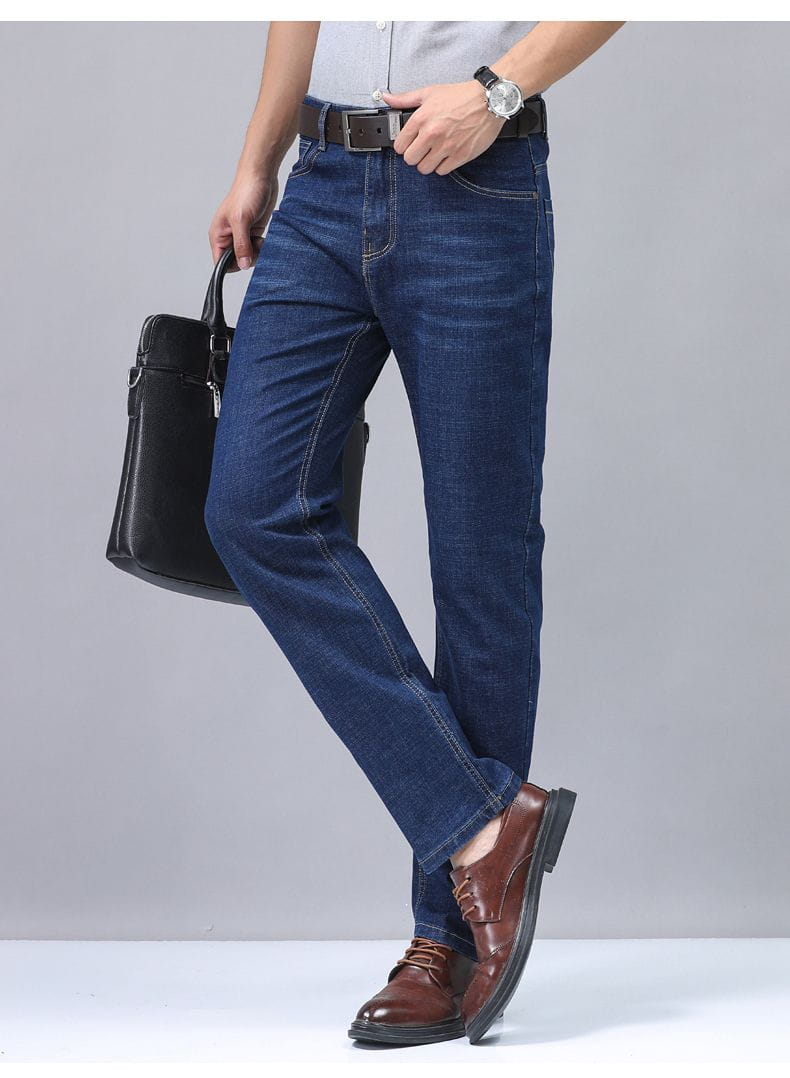 Dark blue stretch cotton men’s jeans with a classic straight-leg cut and visible stitching details for casual wear.