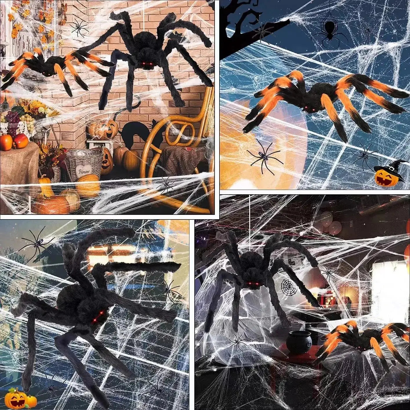 des décorations d’Halloween noires et orange avec de fausses araignées en peluche aux yeux rouges lumineux, accompagnées d’une toile d’araignée.