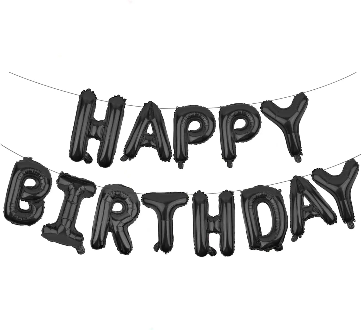Schwarze Happy-Birthday-Ballon-Banner-Folienbuchstaben mit glänzenden, aufgeblasenen Buchstabenformen, geeignet für Geburtstagsdekorationen