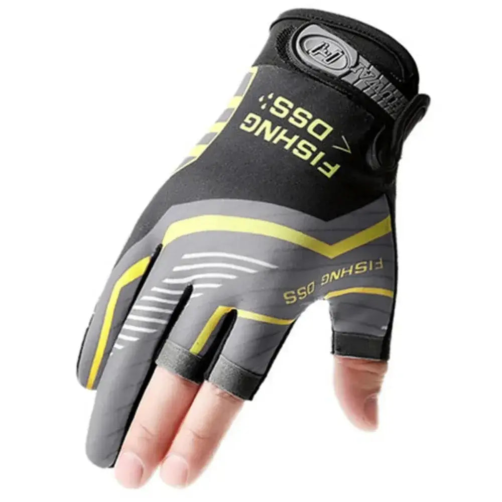 Ice silk three finger fishing glove in black and yellow with gray accents featuring a breathable mesh design and reinforced fingertips shown from the back side.