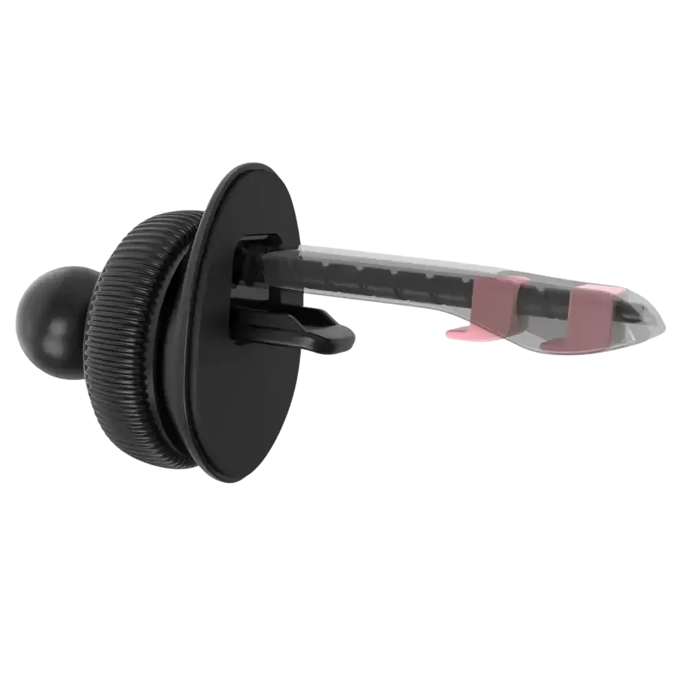 Black car air vent phone holder with 17mm ball head textured grip and transparent arm with pink accents for universal use