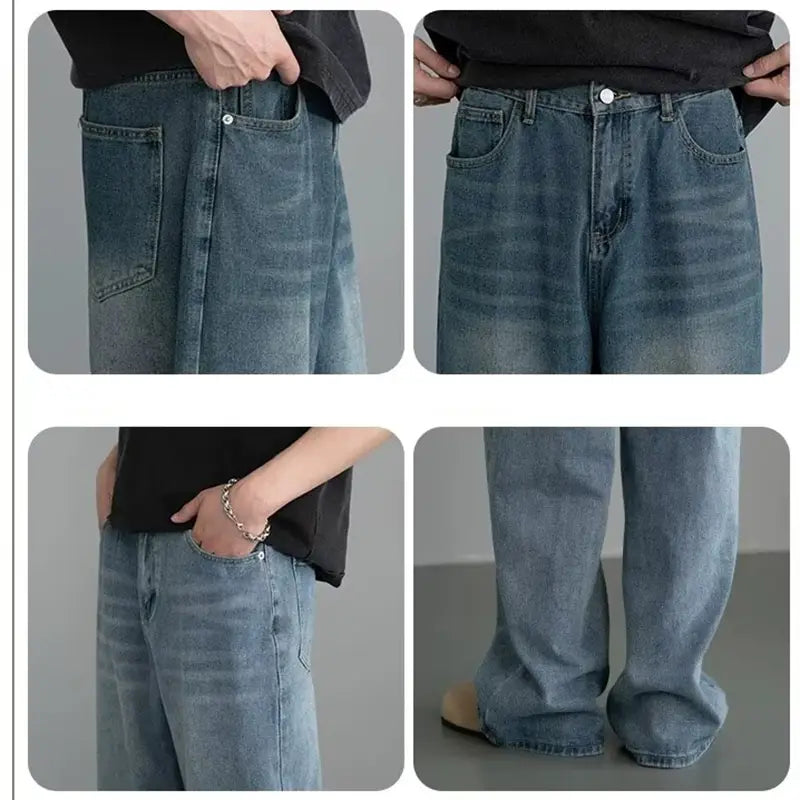 Herren schwarze Wide-Leg-Denim-Jeans in mittelblauem Denim mit entspannter weiterbeiniger Schnittführung und klassischem Fünf-Taschen-Design.