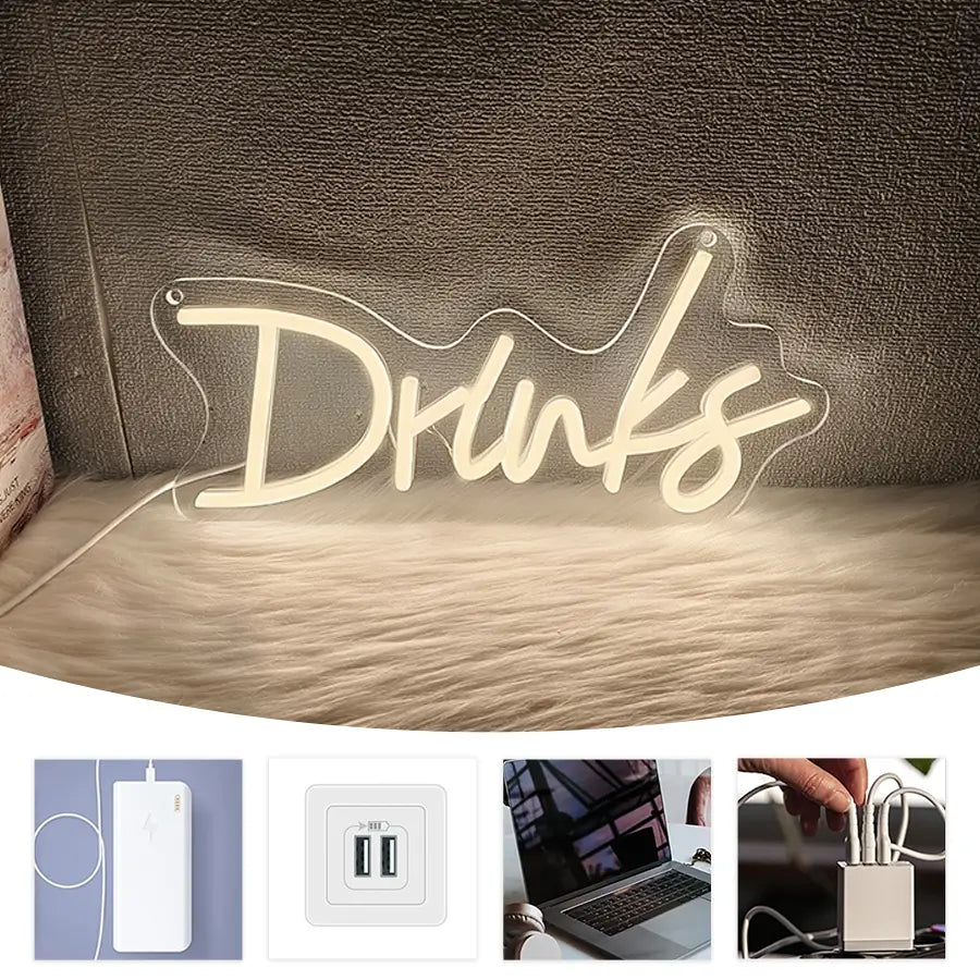 une enseigne au néon présentant le mot « drinks » dans une écriture cursive élégante, fabriquée en acrylique translucide et émettant une lumière blanche chaude, conçue comme décoration murale à LED