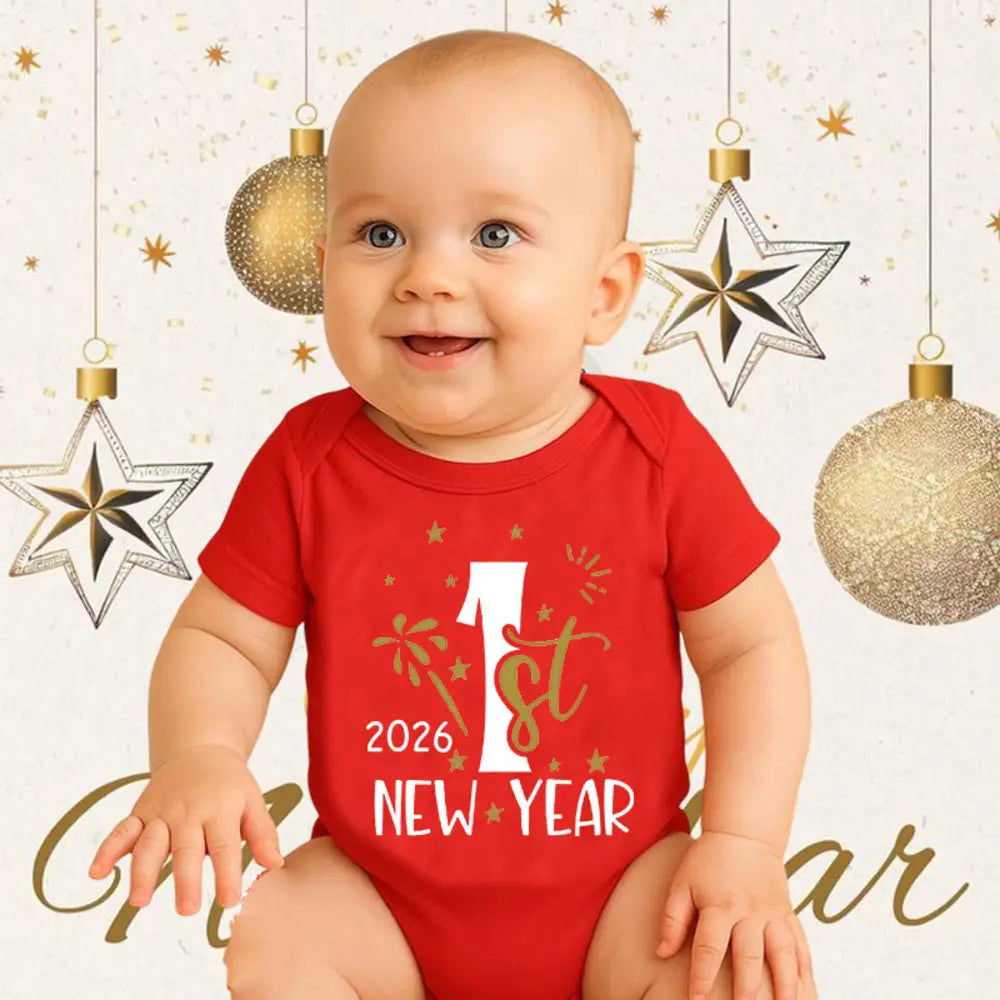 Combinaison-bermuda en coton rouge pour bébé, arborant le texte « 1er nouvel an 2026 » imprimé en lettres blanches et dorées, conçue pour célébrer le tout premier nouvel an d’un bébé.