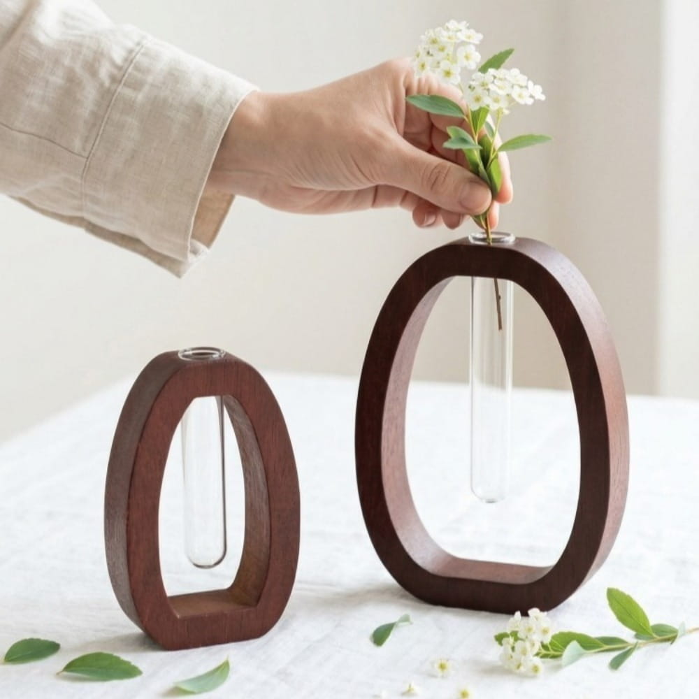 Dark wood-framed oval-shaped glass vases with a minimalist design for use as wooden hydroponic glass tube vase desktop planters.