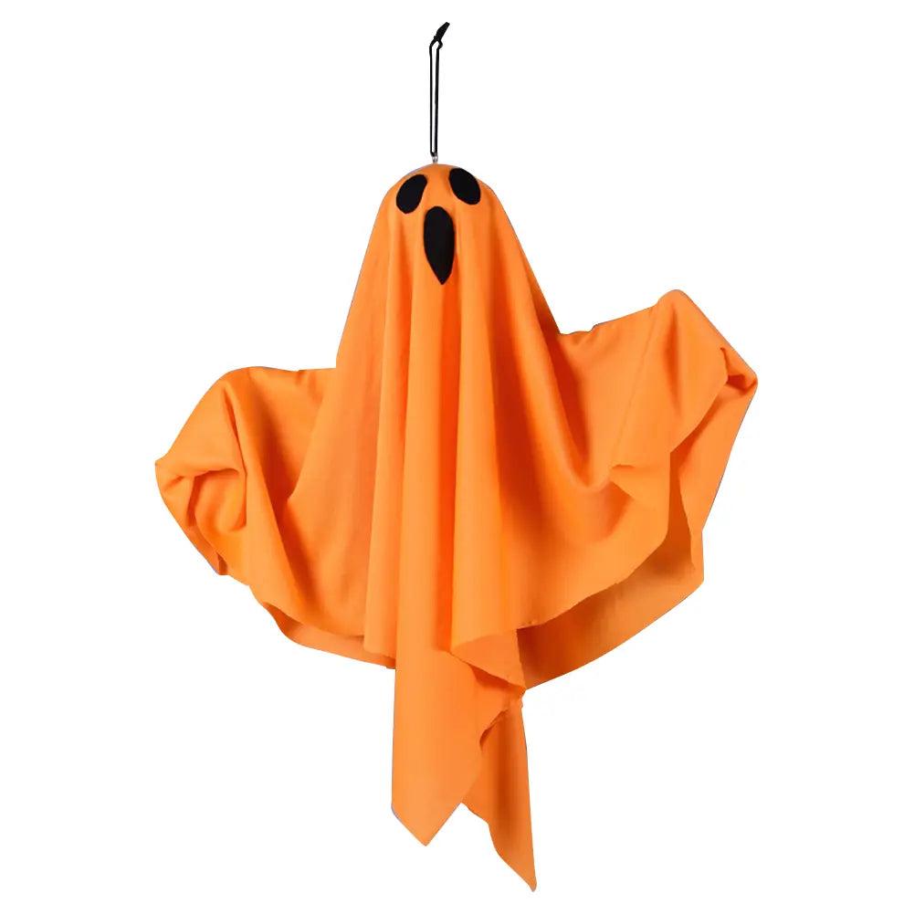 led hanging ghost halloween decoration featuring an orange fabric ghost with black eye and mouth patches.
