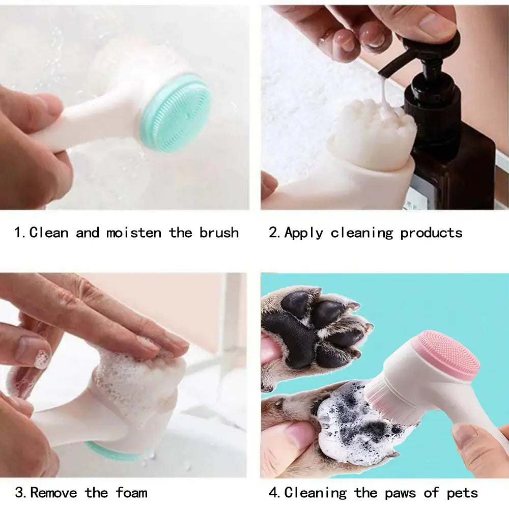 White and light blue silicone pet paw cleaner with soft bristles for gentle pet paw grooming and cleaning.
