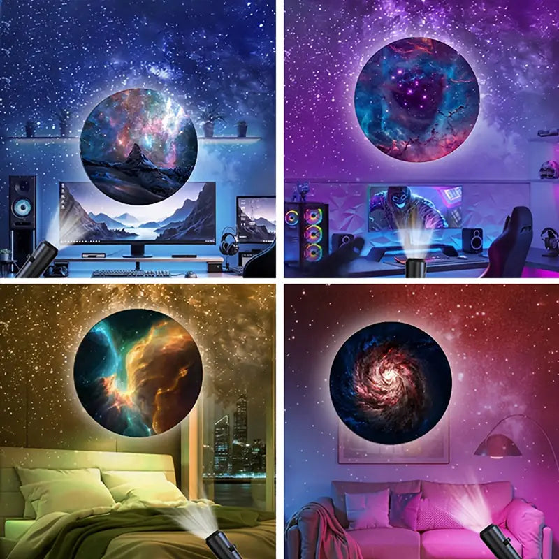 led galaxy projection lamp with a sleek black body and adjustable lighting casts vibrant cosmic scenes onto walls using 10 interchangeable slides.