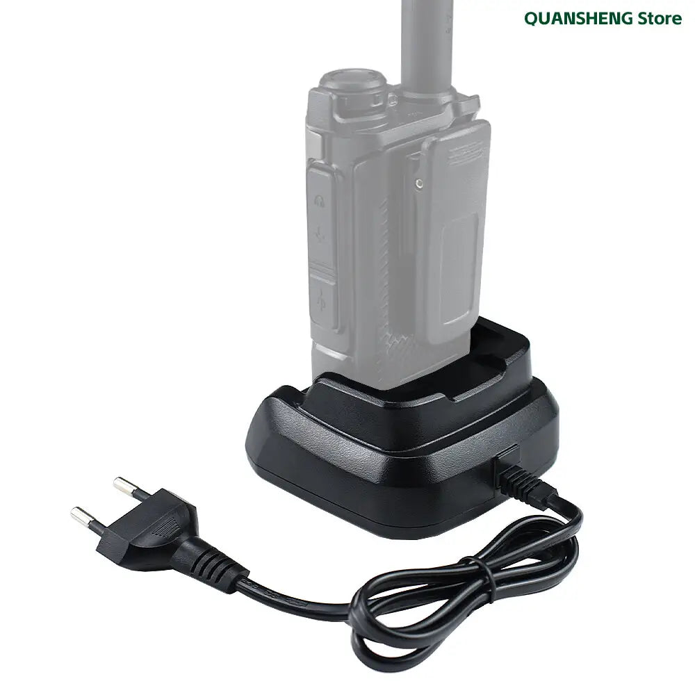 Black plastic Quansheng desktop charger power adapter with integrated power cord and led indicator designed to hold a two-way radio.
