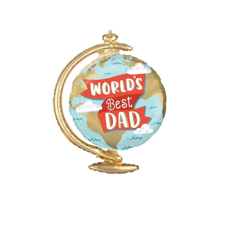 Father’s Day trophy balloon set featuring a gold-colored globe-shaped balloon with blue and gold continents and a red banner reading world’s best dad.