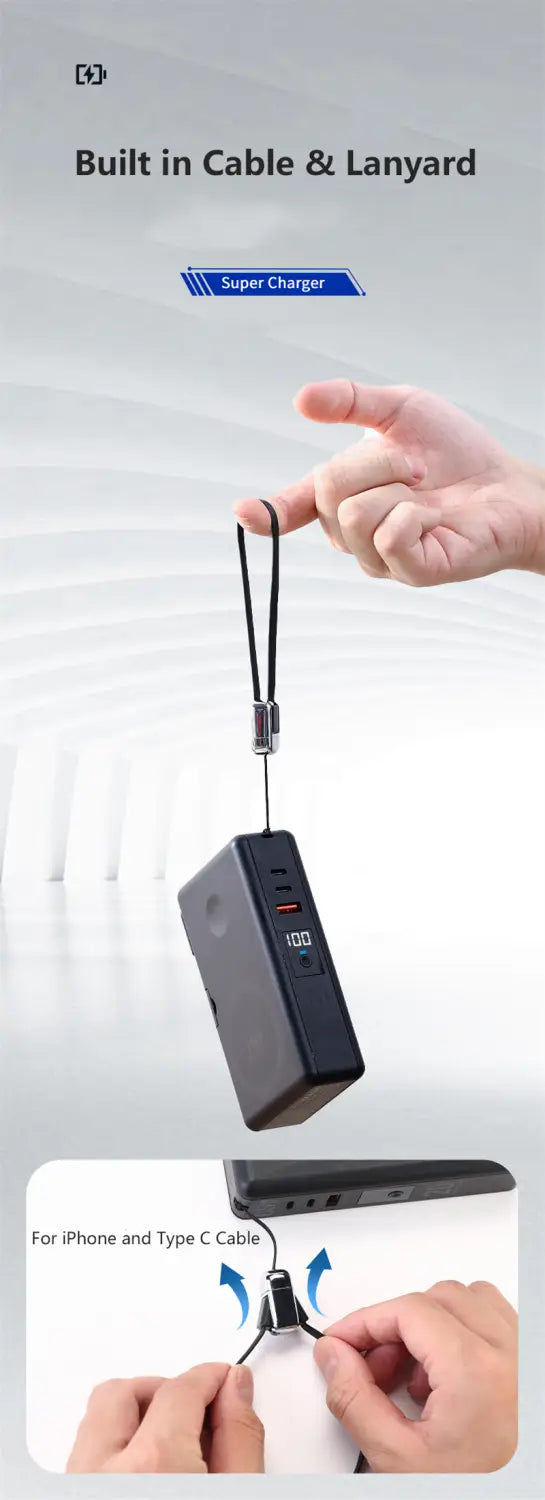 Black rectangular magnetic wireless power bank with 20000mAh capacity, fast charging 65W output, built-in cable, lanyard, and multiple USB ports for iPhone and type-C devices.