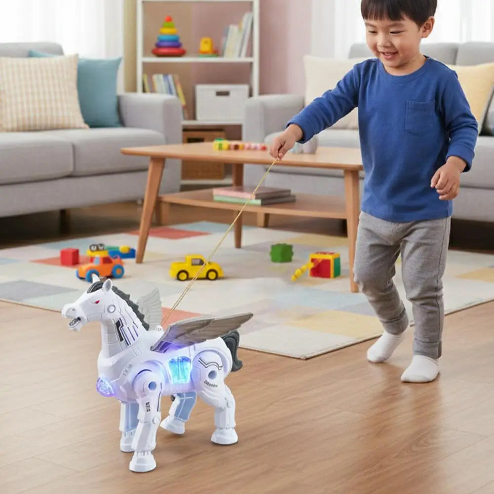 Interactive robotic walking Pegasus toy in white with glowing blue lights, black accents, wings, and a mechanical design.