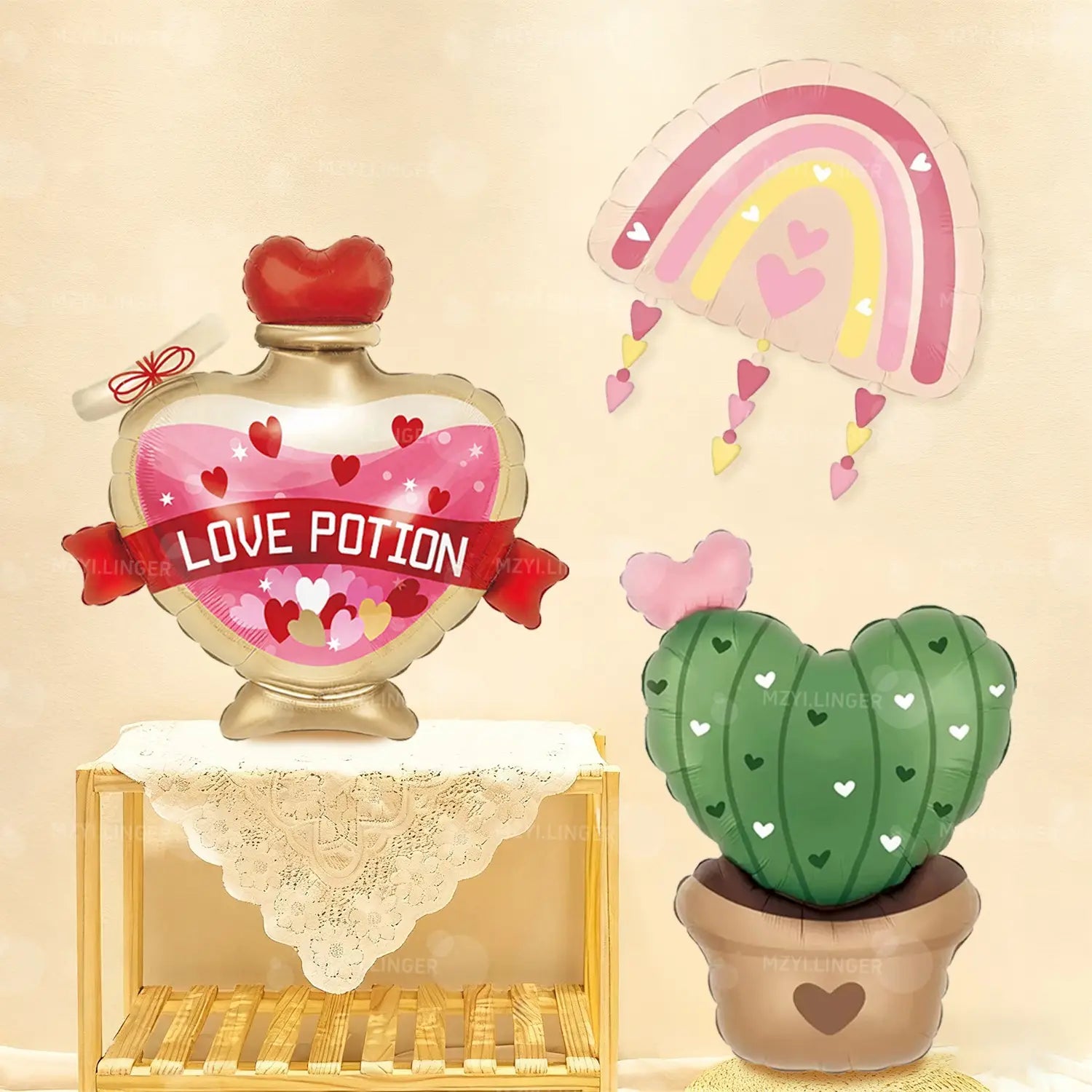 Globo en forma de corazón, con pócima de amor, con interior rosa, tapa roja y exterior de papel metalizado dorado del kit de globos del Día de San Valentín Amor y Cactus.