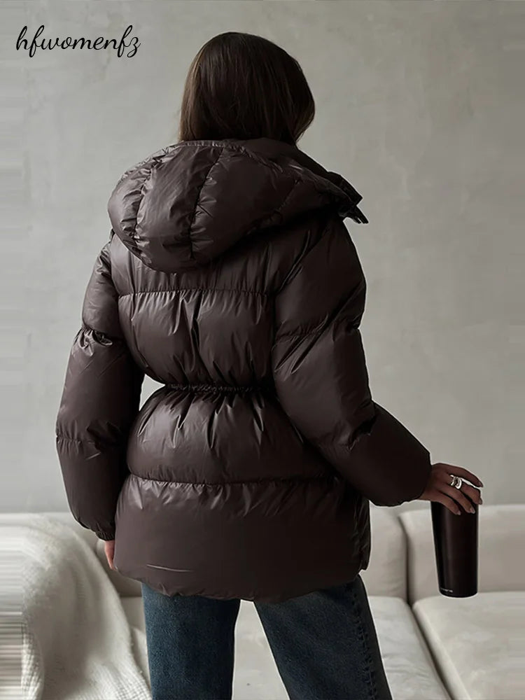 Women's Hooded Winter Jacket Drawstring Waist Cinched Long Sleeve Zip Up Solid Warm Padded Coat 2026 Fashion Lady Thick Parkas