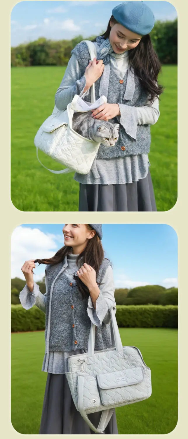 Bolsa transportín acolchada de color gris claro para mascotas, con exterior de tejido suave y diseño estructurado para gatos y perros pequeños.