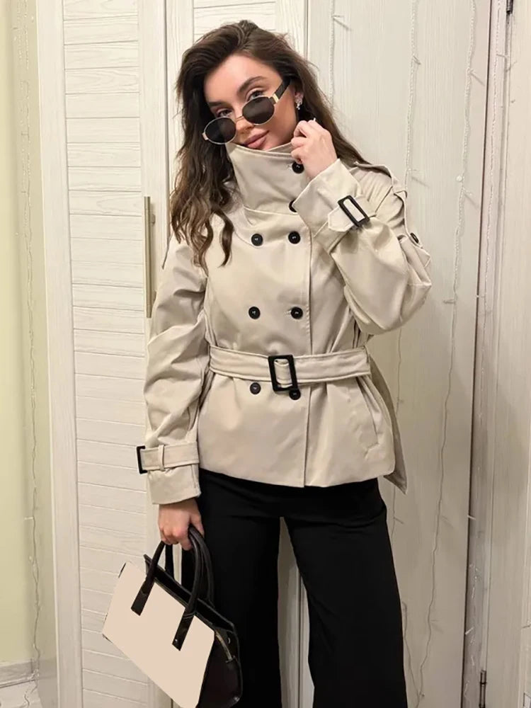 Minimalist Brown Belted Waist Trench Coat Women Vintage Double Breasted Stand Collar Jacket 2026 New Autumn Chic Casual Overcoat