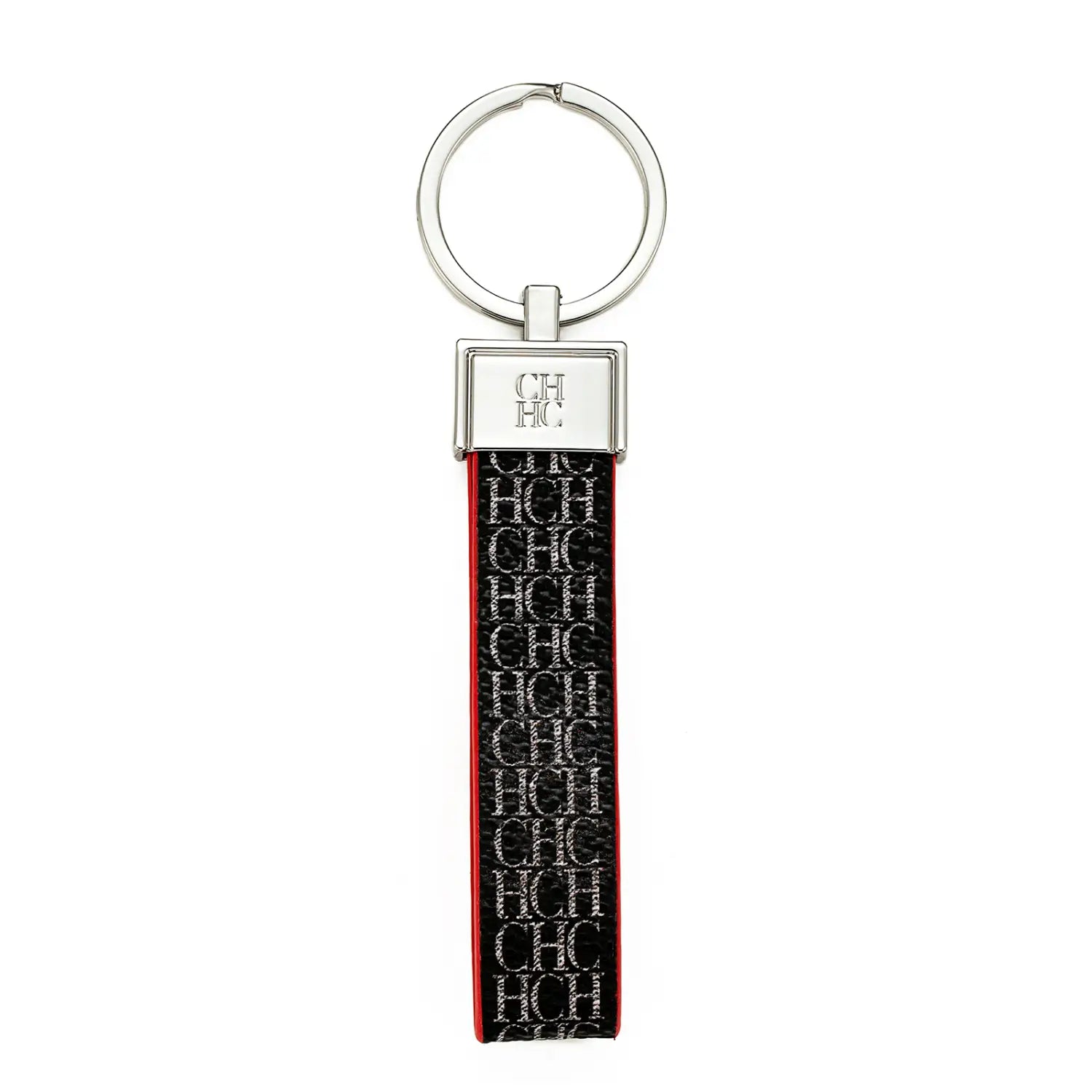 Black and red textured leather logo keychain with repeating chic logo in silver and a polished metal ring designed as a fashion accessory gift.