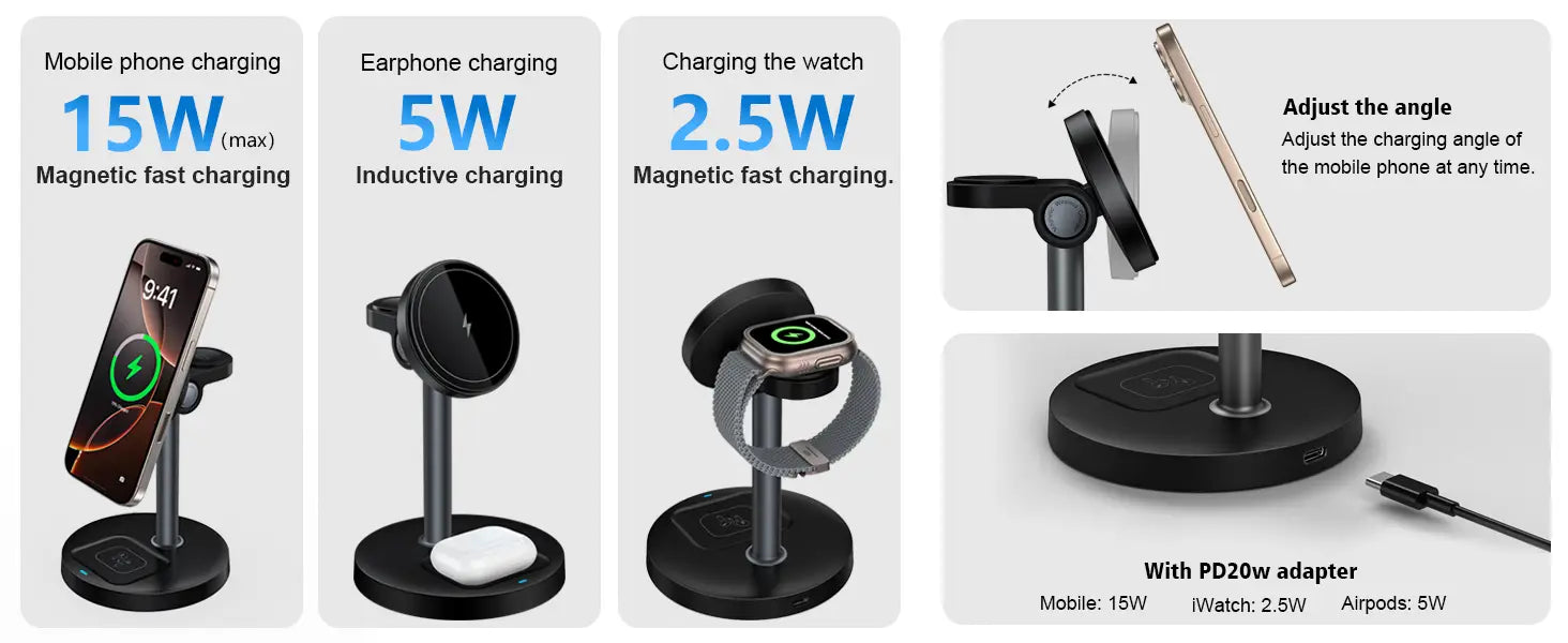black magnetic wireless charger stand 3-in-1 for Apple with adjustable angle for smartphones earphones and smartwatches