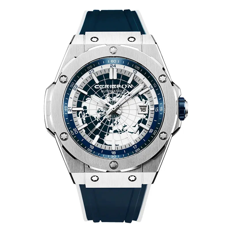 Une élégante montre automatique mécanique pour homme à l’aspect argenté, dotée d’un cadran en céramique bleu et blanc représentant une carte du monde, ainsi que d’une lanière en caoutchouc marine, le tout sur un boîtier en acier inoxydable.