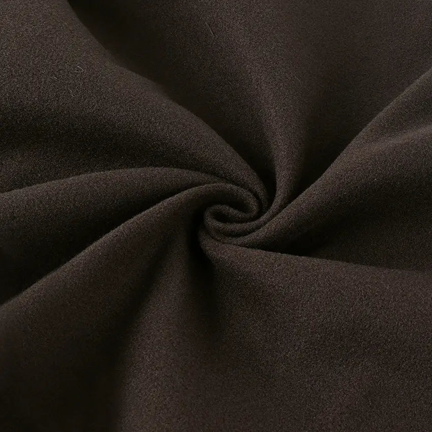 dark brown soft-textured wool fabric with a subtle sheen and gentle folds used in a wool belted coat brown winter jacket