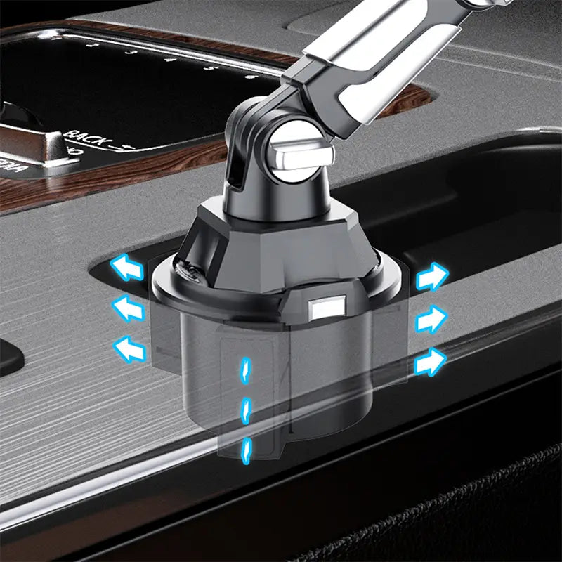 Black and silver adjustable car phone mount with a sleek modern design and 360 degree rotation for hands free use in vehicles.