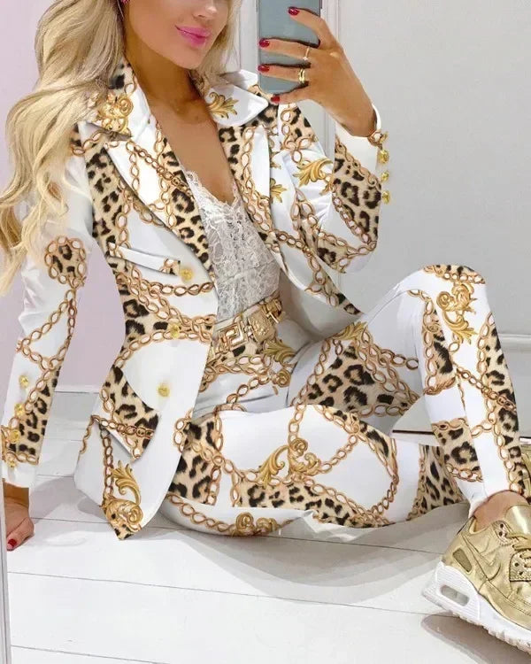 2026 Women Formal Jacket & Trousers Office Lady Outfits Autumn Women Two Pieces Set Print Blazer Coat & Pants Suit Sets Female