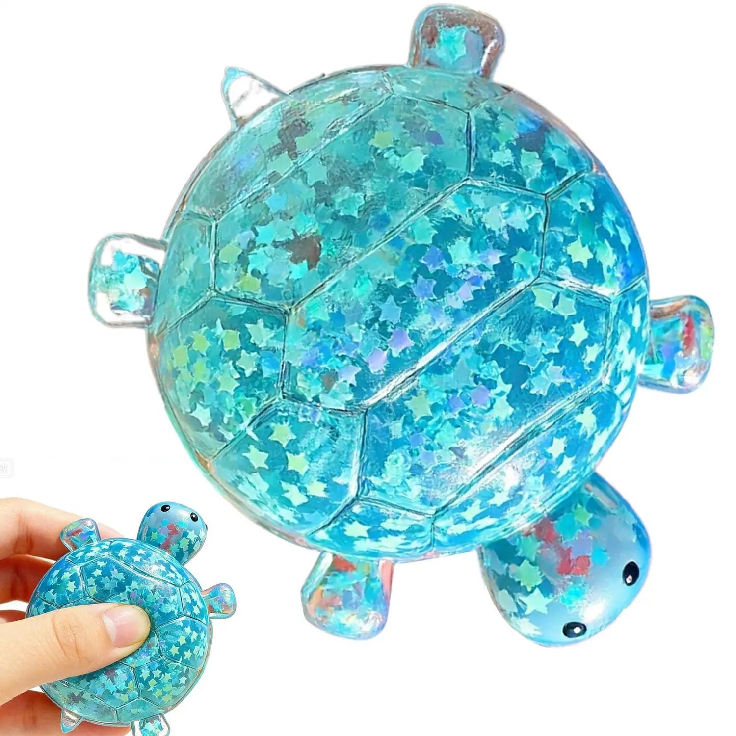 a translucent blue glittery turtle shape squeeze toy made of clear plastic with star-shaped confetti inside designed as a sensory fidget squeeze toy