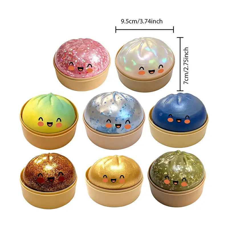 Colorful glitter dumpling stress balls in pink blue green and gold featuring slow rebound properties for stress relief and sensory play.