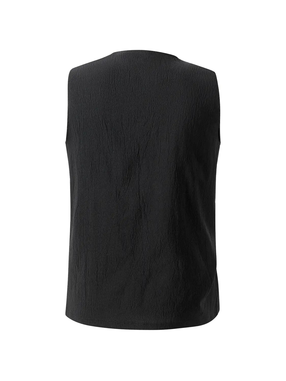 Schwarze ärmellose Weste mit strukturiertem, zerknittertem Finish, präsentiert als Herren-Schnürstrick-Ärmellos-Top, lässiges Shirt ohne Ärmel