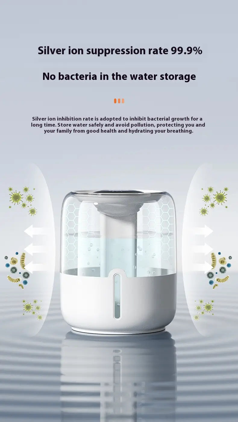 Humidificador de aire cilíndrico inteligente de doble niebla de 3,8 l en color blanco, con depósito de agua transparente y sistema de filtración con iones de plata.