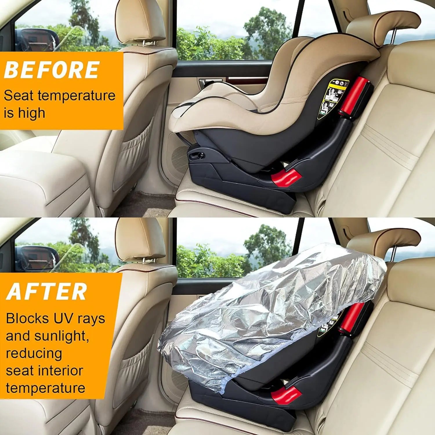 Siège de sécurité pour enfant noir et beige, avec des touches rouges, recouvert d’une housse de protection solaire réfléchissante en argent pour siège auto pour bébé, pour une protection UV.
