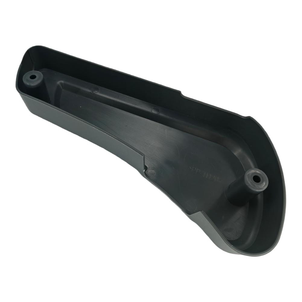 Black plastic motorcycle side cover with molded contours and two circular mounting holes shown from the back side for fiat ducato driver seat panel 60911360.