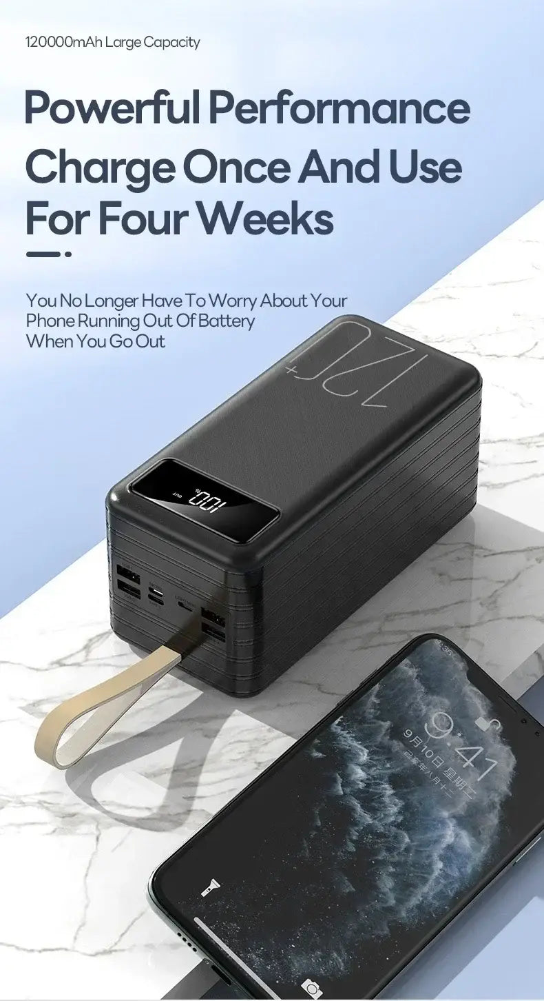 black rectangular portable power bank with 120000mah capacity fast charging digital display multiple usb ports and beige carrying strap for easy transport